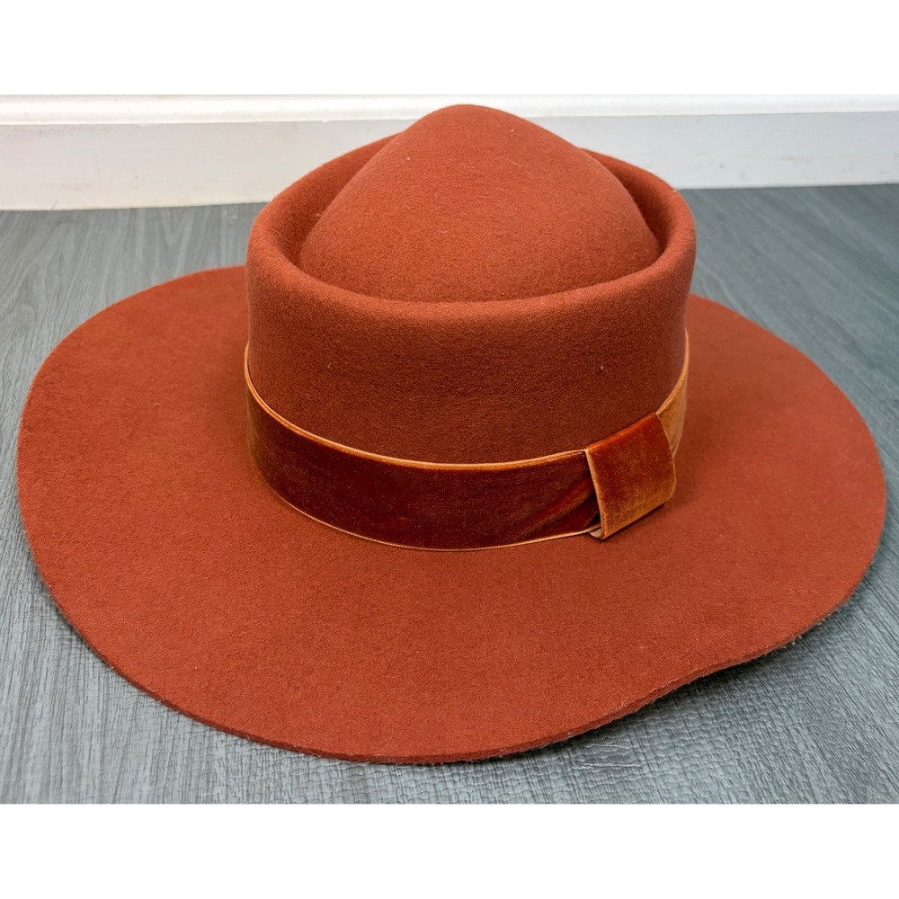 Zertrue Hat Medium Rust Orange Australian Wool Felt Wide Brim Velvet Band Boho